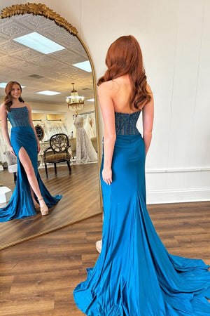 Sparkly Blue Beaded Corset Mermaid Strapless Prom Dress with Slit