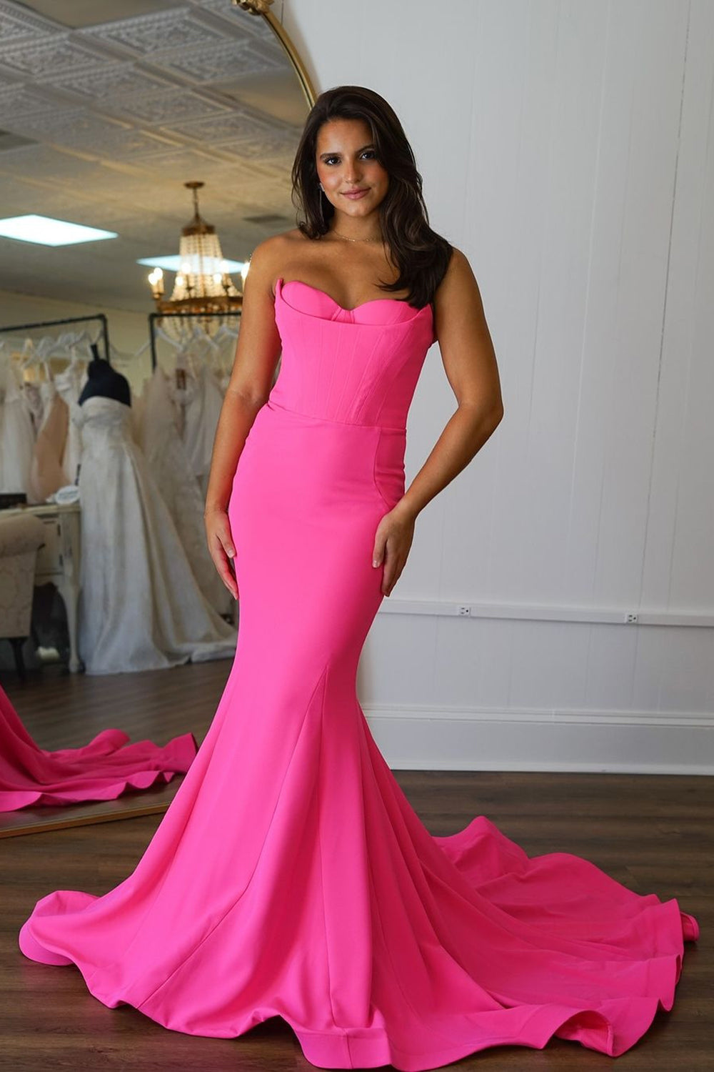 Hot Pink Mermaid Corset Tight Strapless Prom Dress