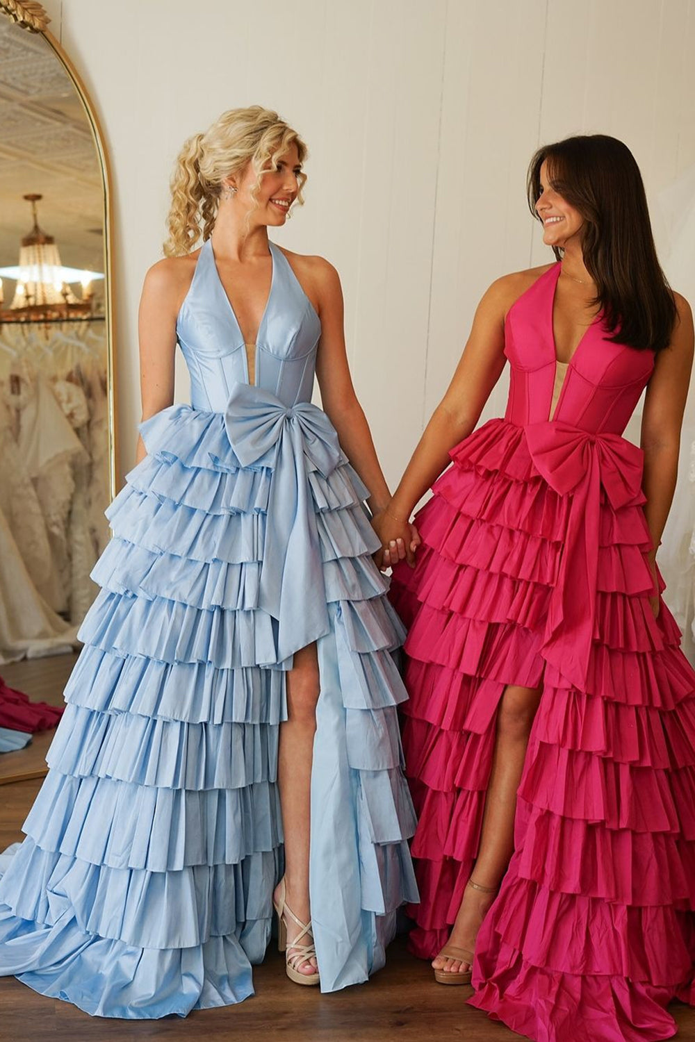 Blue Bow Corset Tiered A Line V Neck Prom Dress with Slit