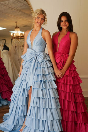 Blue Bow Corset Tiered A Line V Neck Prom Dress with Slit