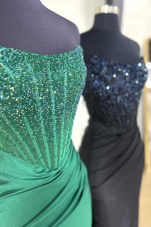 Sparkly Black Beaded Corset Mermaid Strapless Prom Dress