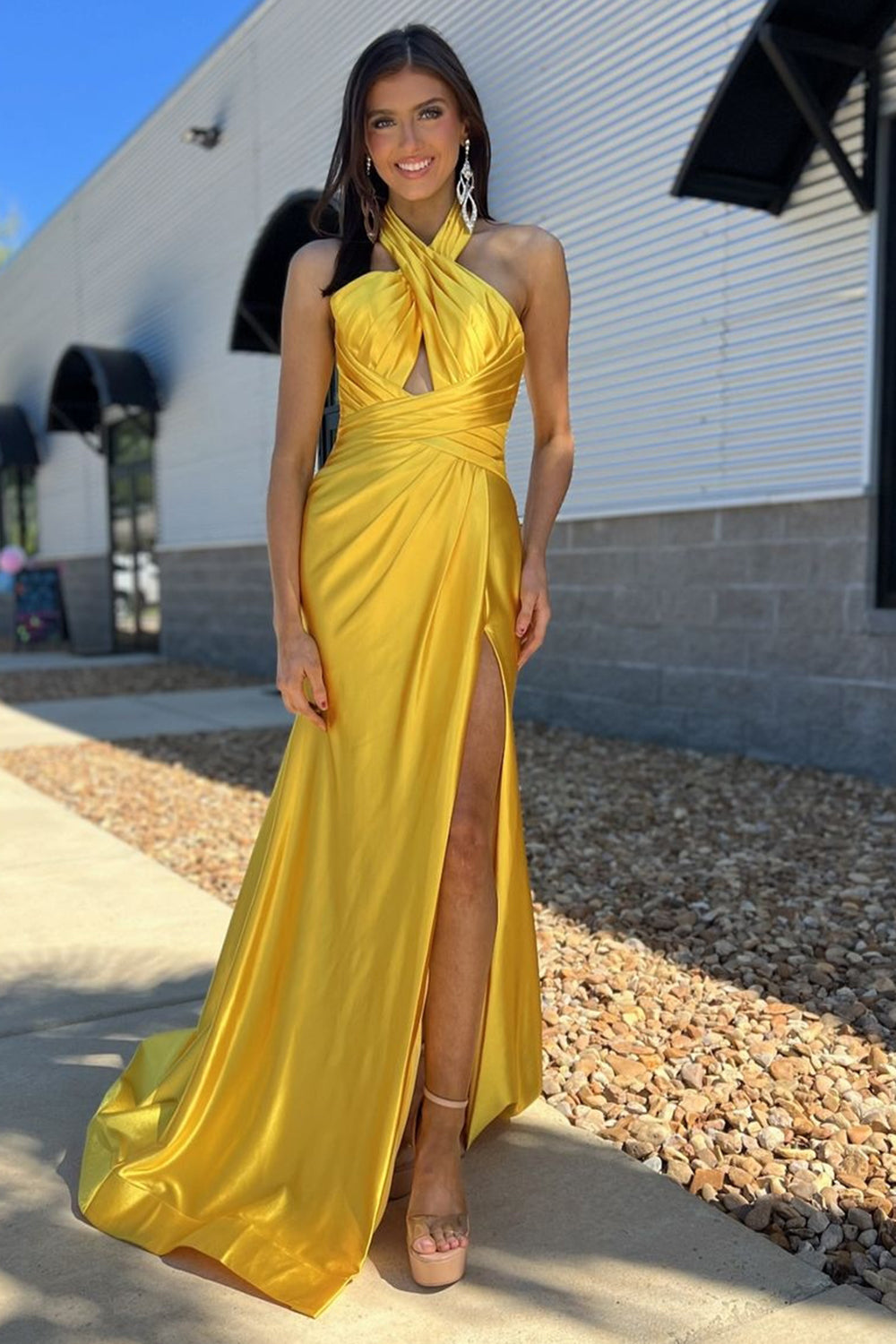 Yellow Satin Hollow-out Halter Long Prom Dress with Slit