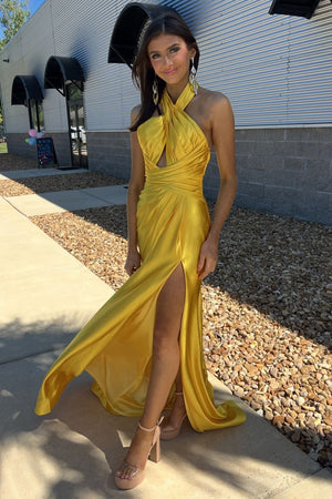 Yellow Satin Hollow-out Halter Long Prom Dress with Slit