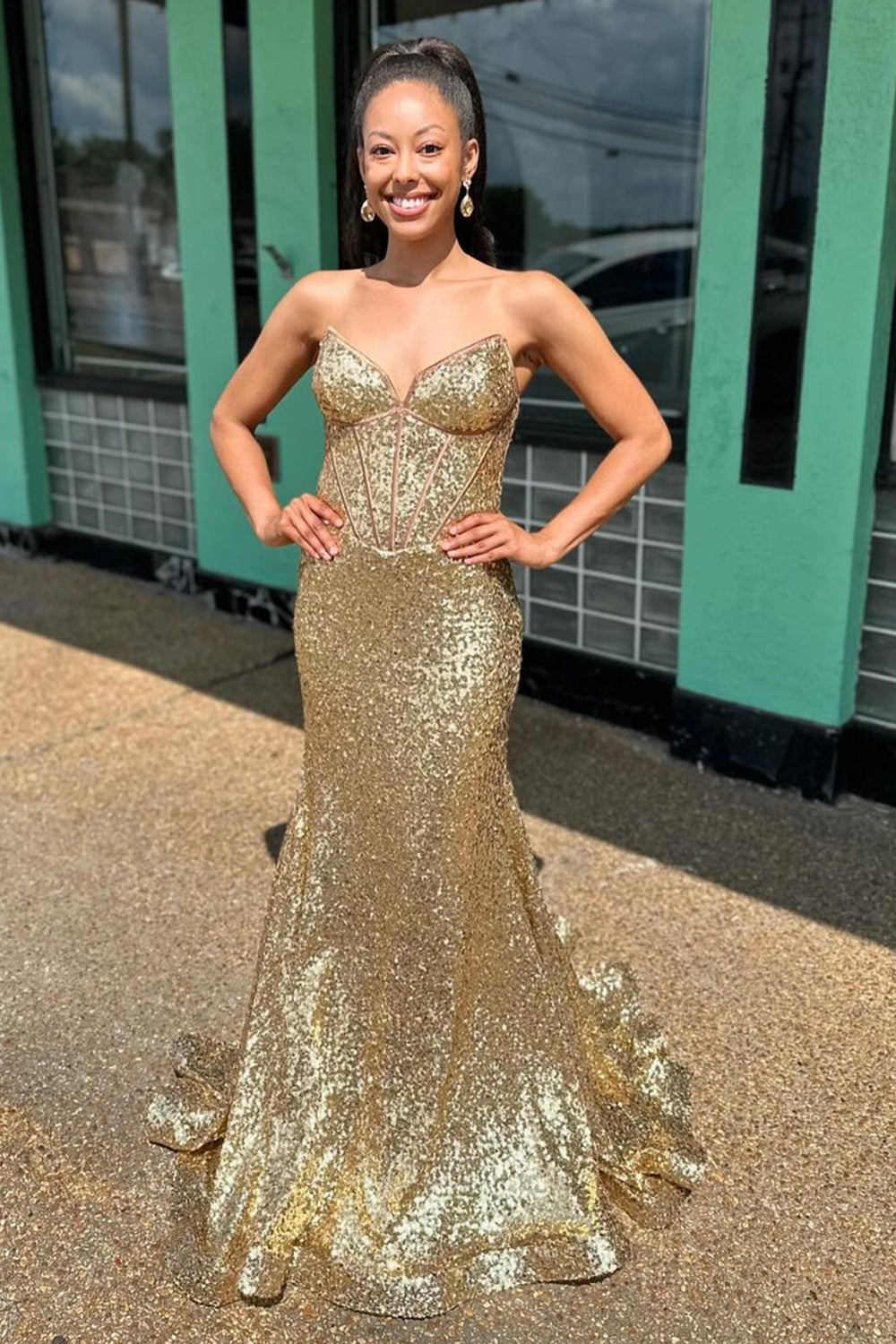 Golden Mermaid Corset Strapless Prom Dress with Sequins