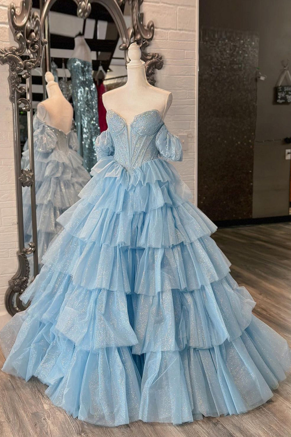 Sparkly Blue Corset Tiered Beaded Off The Shoulder Prom Dress