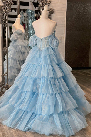 Sparkly Blue Corset Tiered Beaded Off The Shoulder Prom Dress