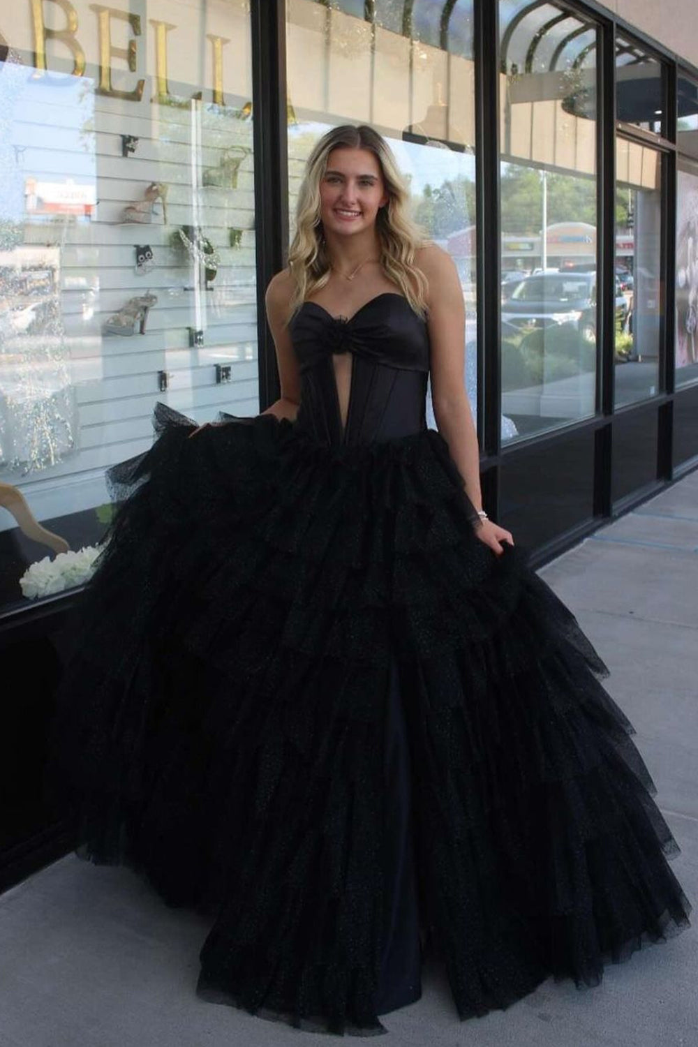 Black Hollow-out Corset Tulle Tiered A Line Prom Dress