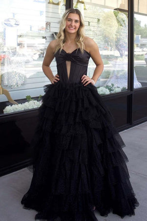 Black Hollow-out Corset Tulle Tiered A Line Prom Dress