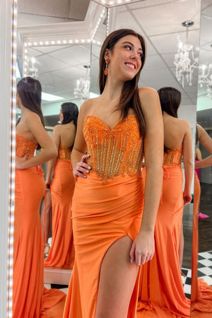 Orange Beaded Corset Mermaid Strapless Prom Dress with Slit