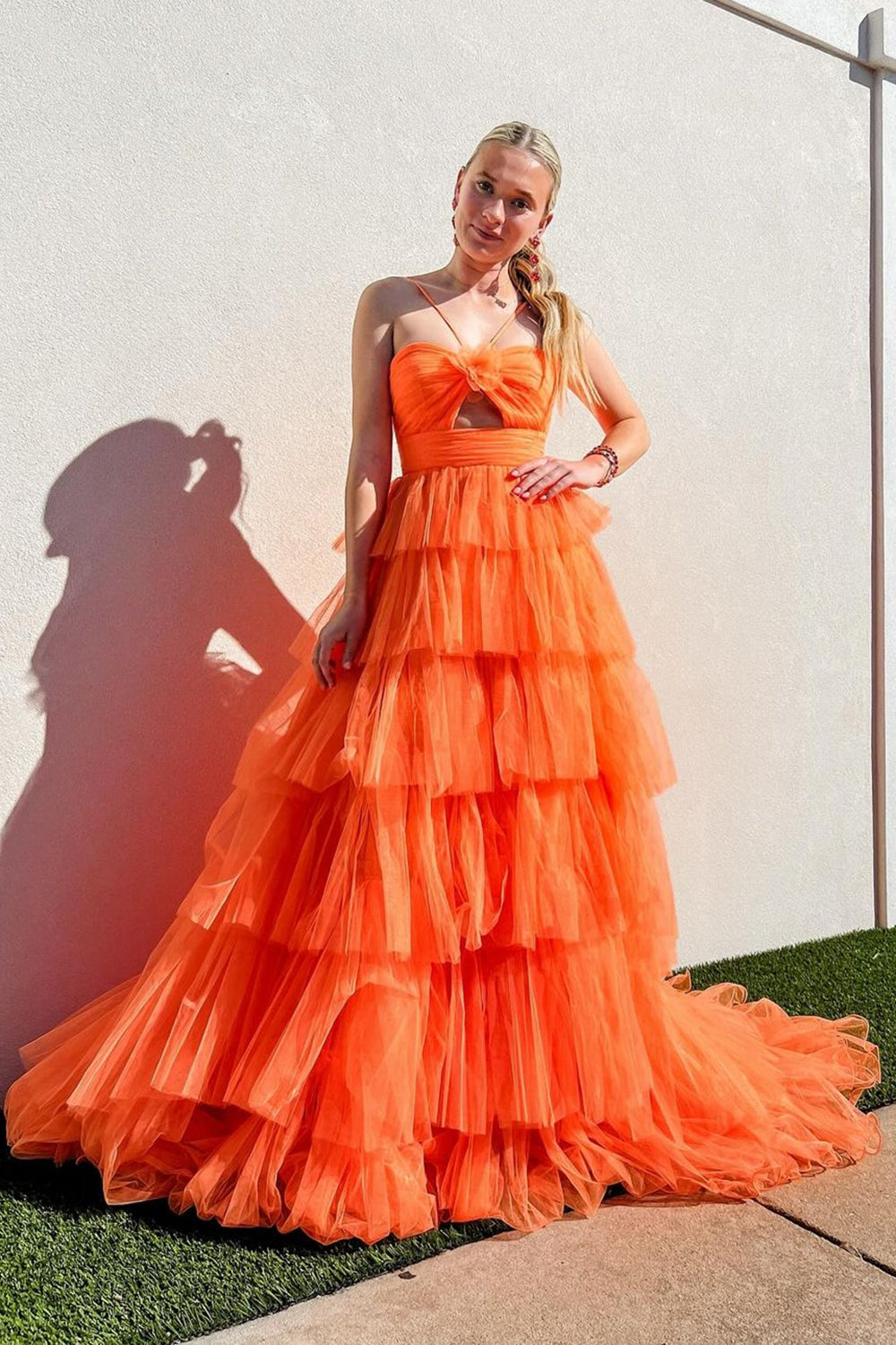 Orange Hollow-out Tiered A Line Tulle Prom Dress