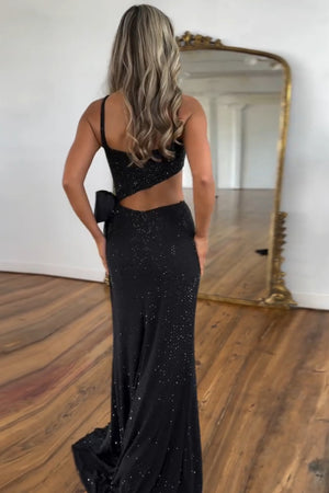 Glitter Black Bow Hollow-out Slit Prom Dress with Beading