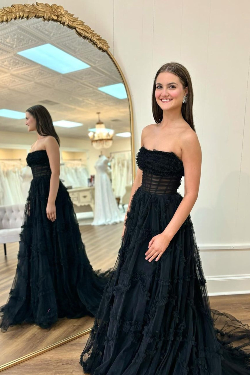 Black Corset Tiered A Line Strapless Long Prom Dress