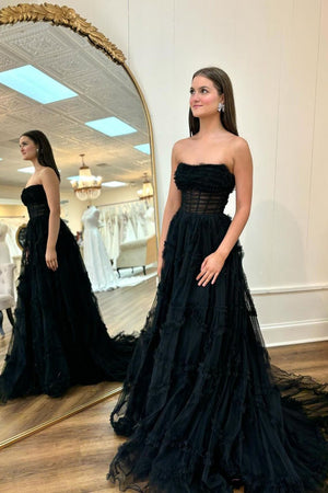 Black Corset Tiered A Line Strapless Long Prom Dress