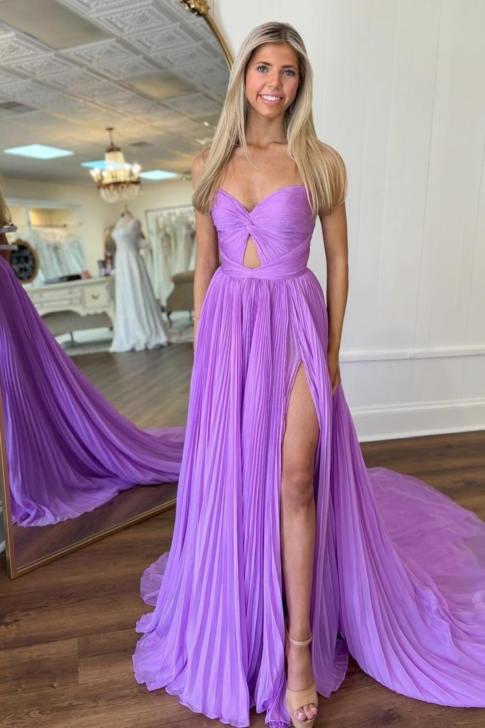 Purple Hollow-out Strapless Long Prom Dress with Slit