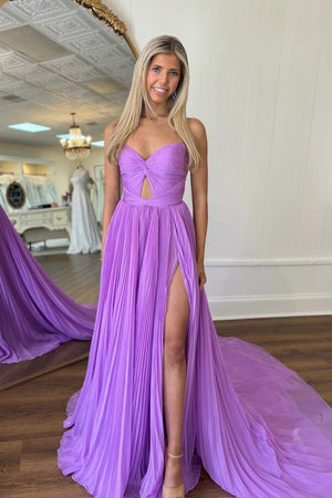 Purple Hollow-out Strapless Long Prom Dress with Slit