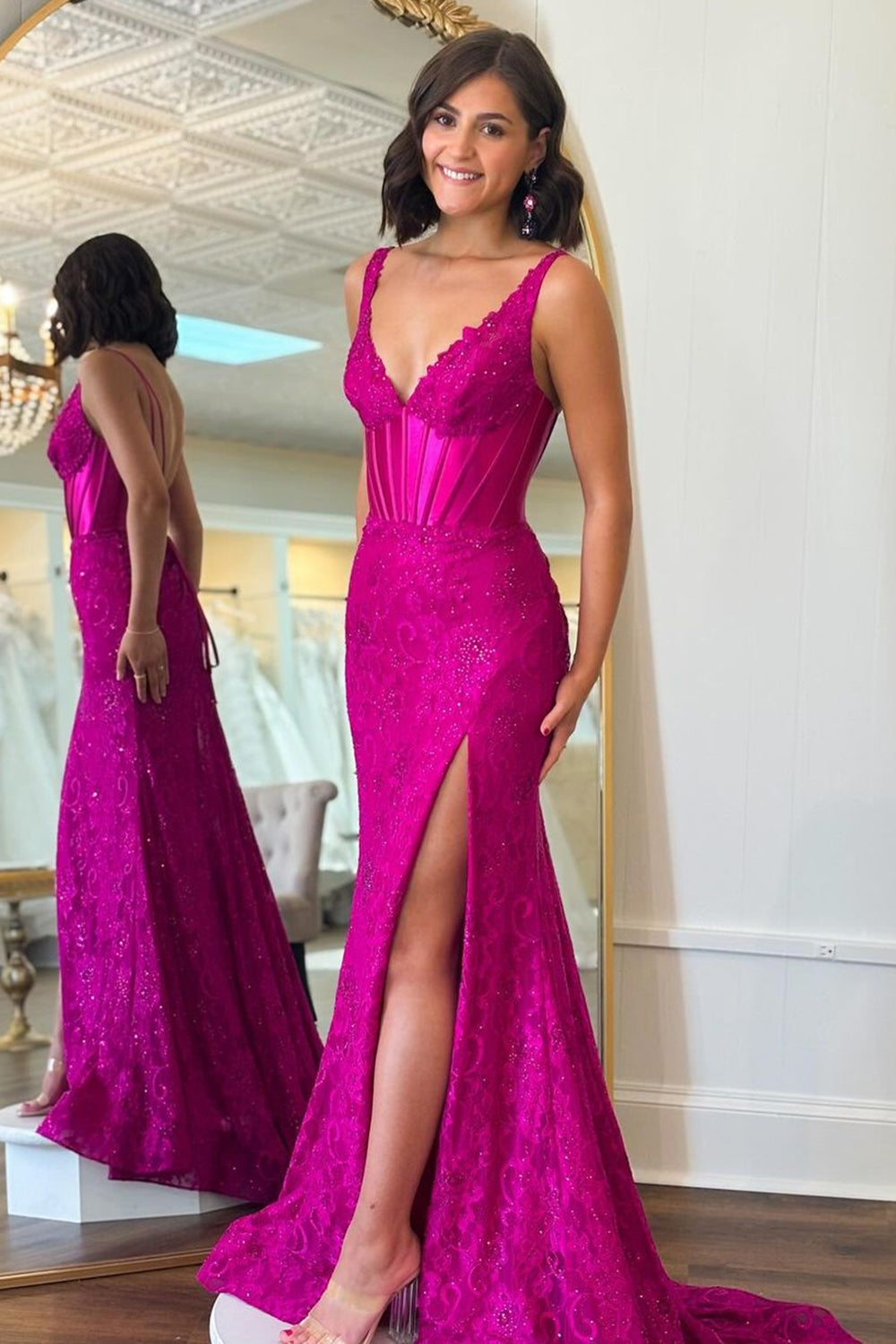 Glitter Fuchsia V Neck Corset Slit Prom Dress with Beading