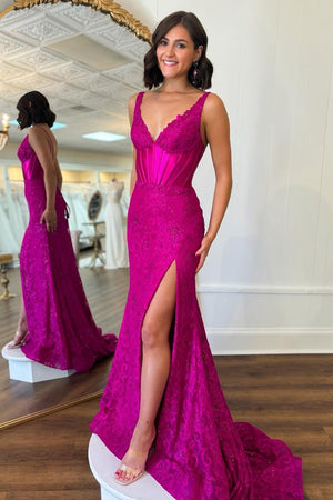 Glitter Fuchsia V Neck Corset Slit Prom Dress with Beading