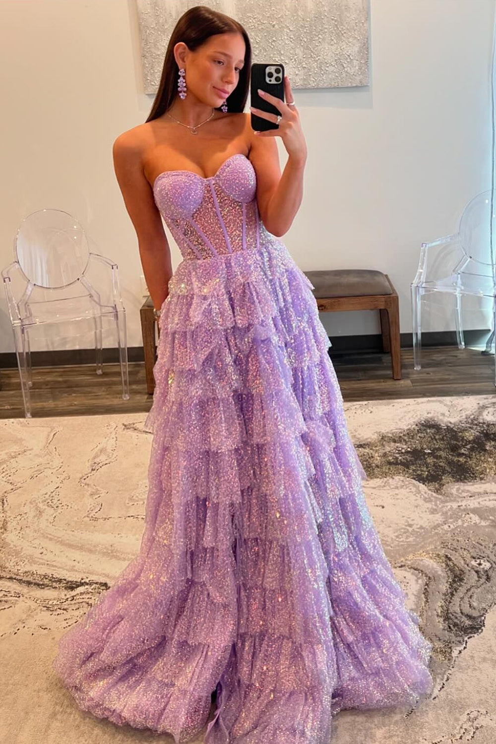 Sparkly Purple Corset Tiered Sequins Strapless Prom Dress