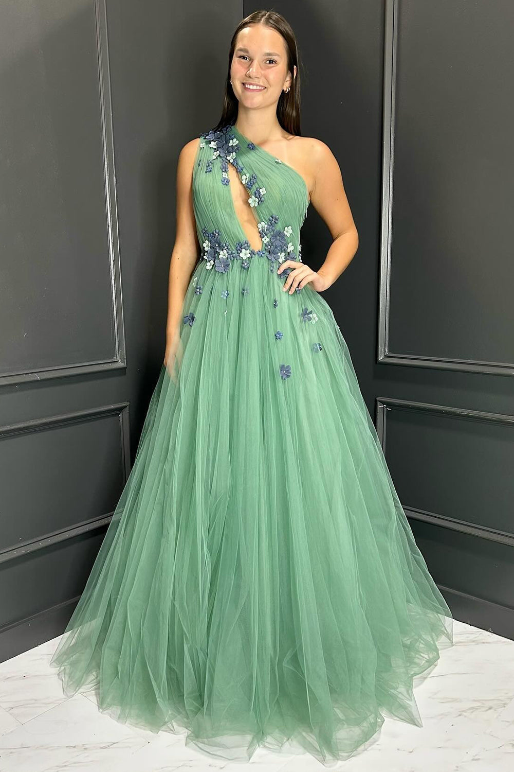 Green Floral Hollow-out One Shoulder Tulle Prom Dress