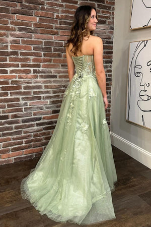 Green Appliques Corset Strapless Tulle Prom Dress with Slit