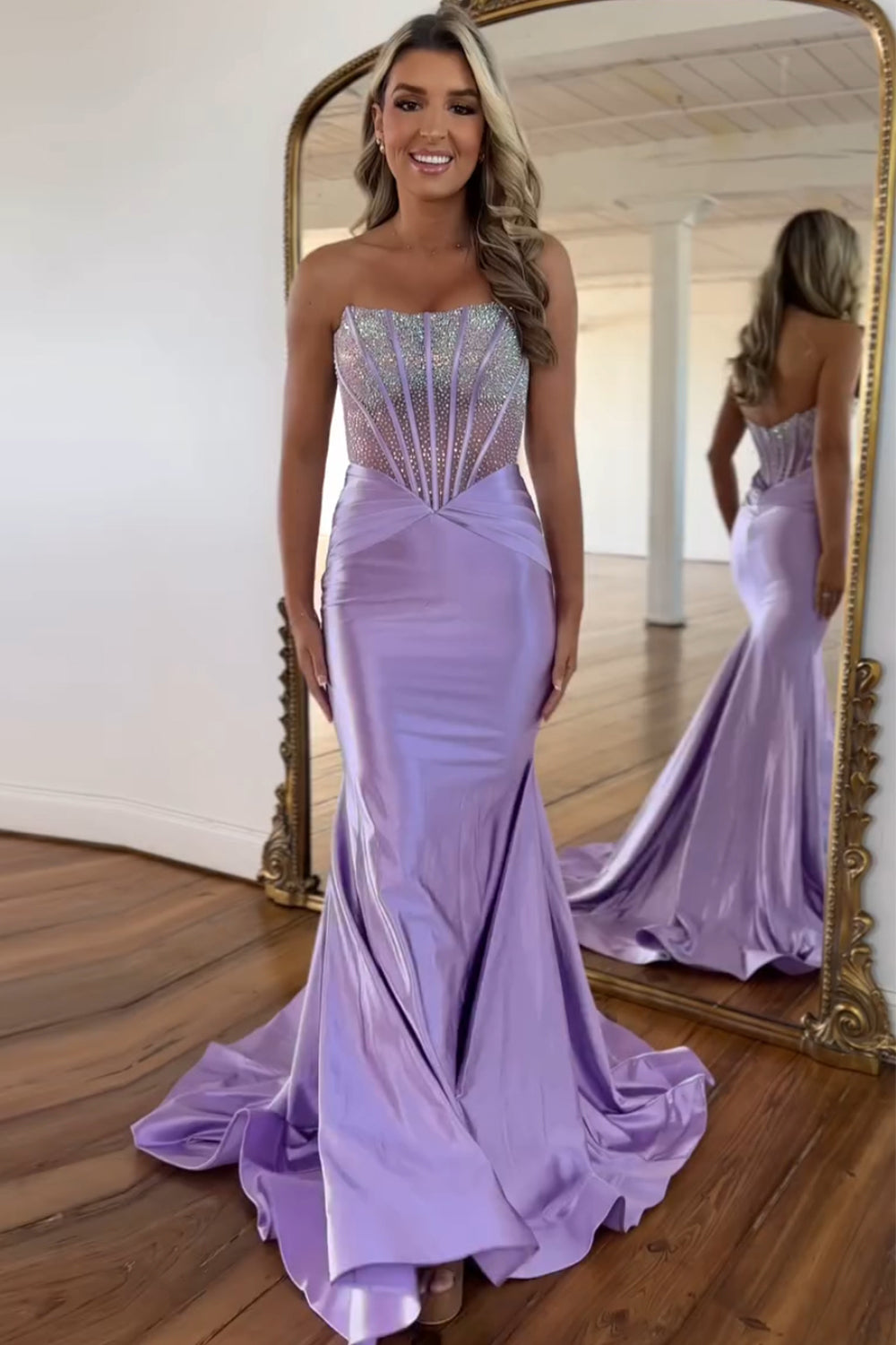 Purple Mermaid Corset Strapless Long Satin Prom Dress With Beading