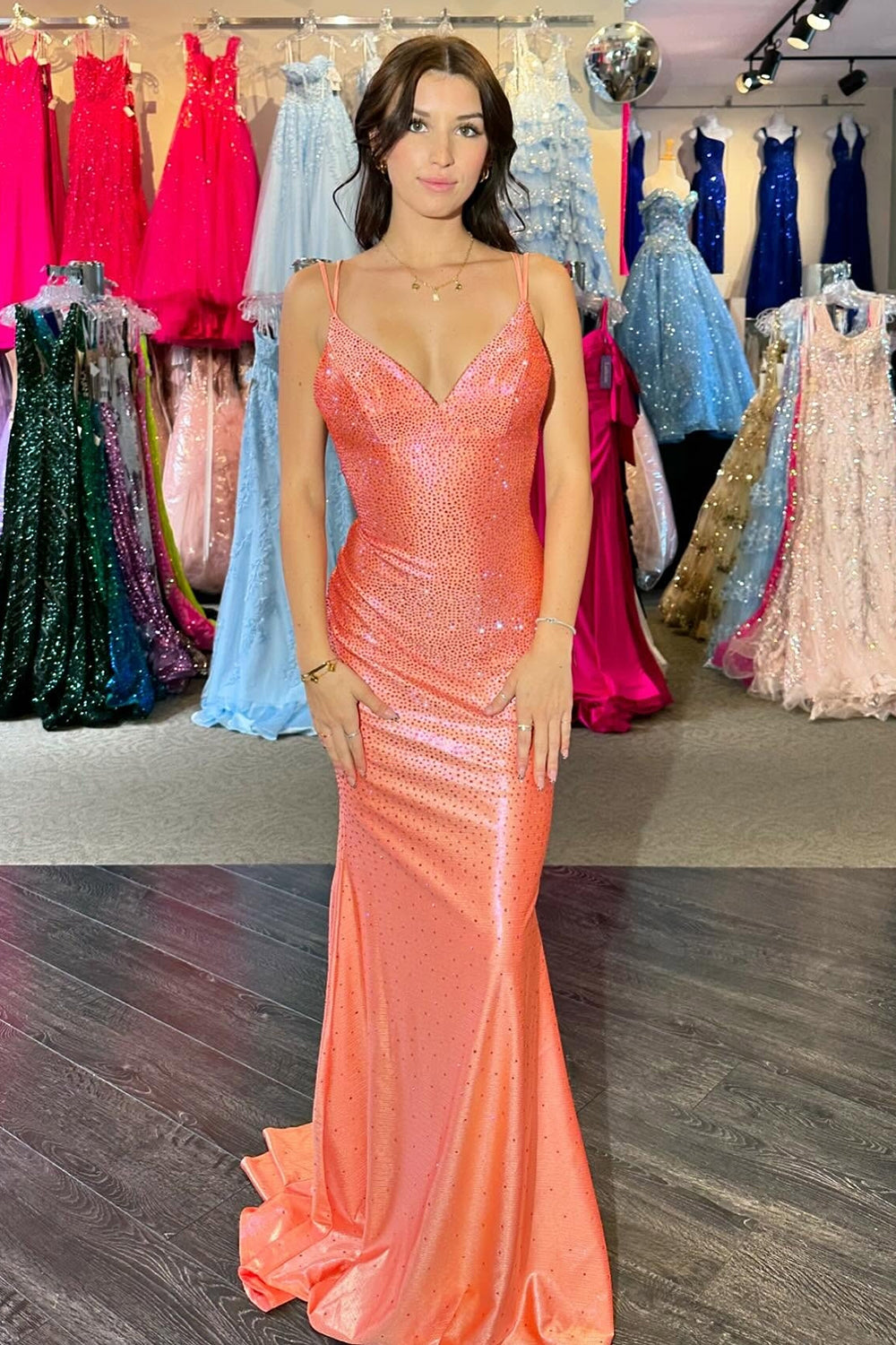 Sparkly Beaded Orange Mermaid Spaghetti Straps Satin Long Prom Dress