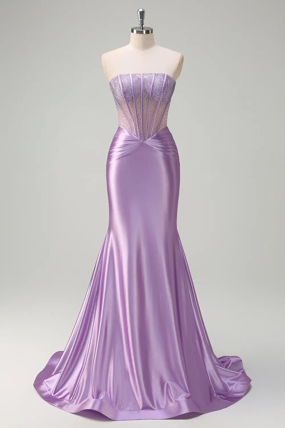 Lilac Mermaid Corset Tight Strapless Prom Dress with Beaded