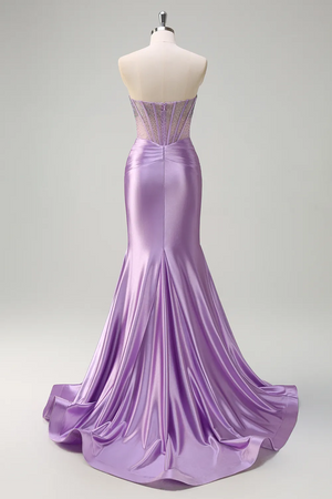 Lilac Mermaid Corset Tight Strapless Prom Dress with Beaded