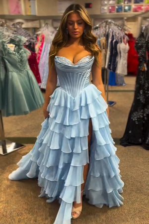 Light Blue Princess Tiered Corset Strapless Prom Dress