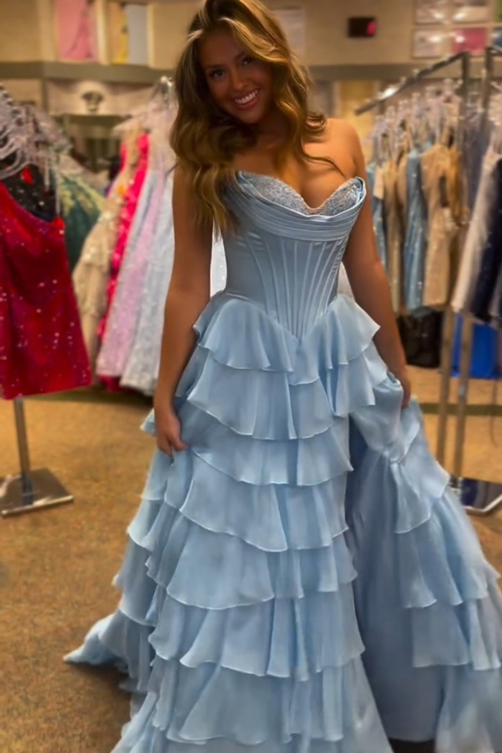 Light Blue Princess Tiered Corset Strapless Prom Dress