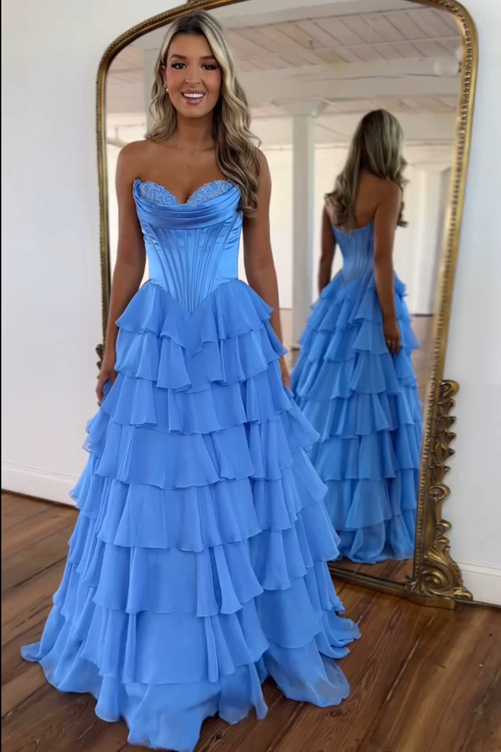 Blue Princess Tiered Corset Strapless Prom Dress