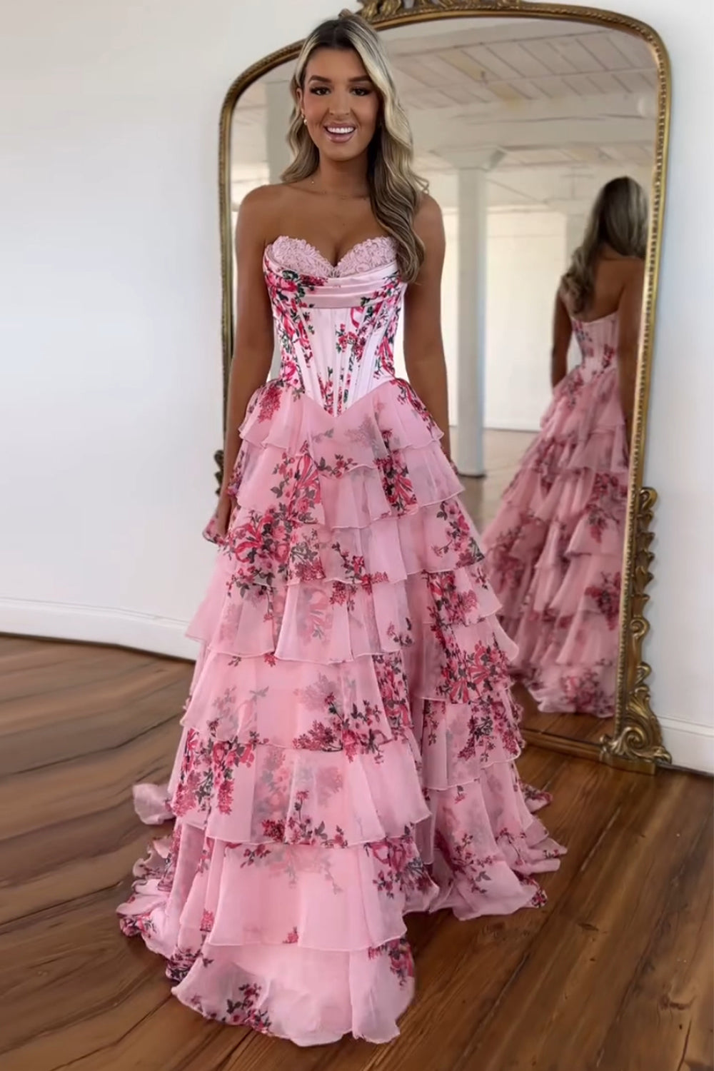 Blush Floral Print Tiered Tulle Corset Strapless Prom Dress