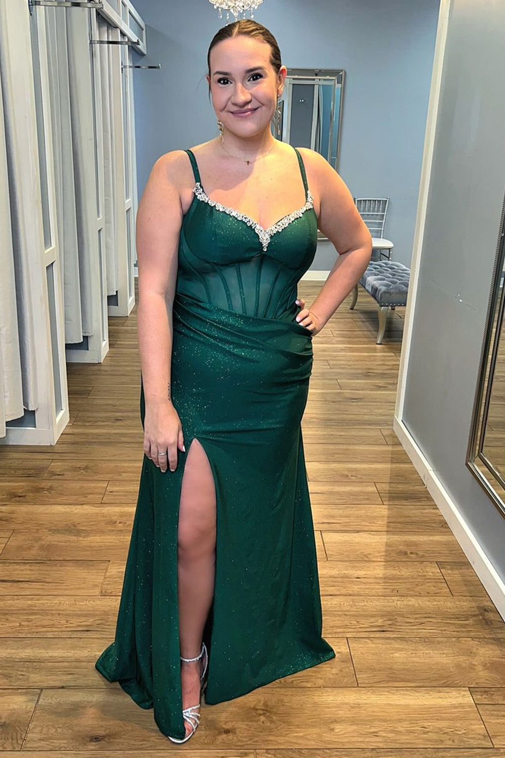 Sparkly Dark Green Mermaid Corset Beaded Prom Dress with Slit