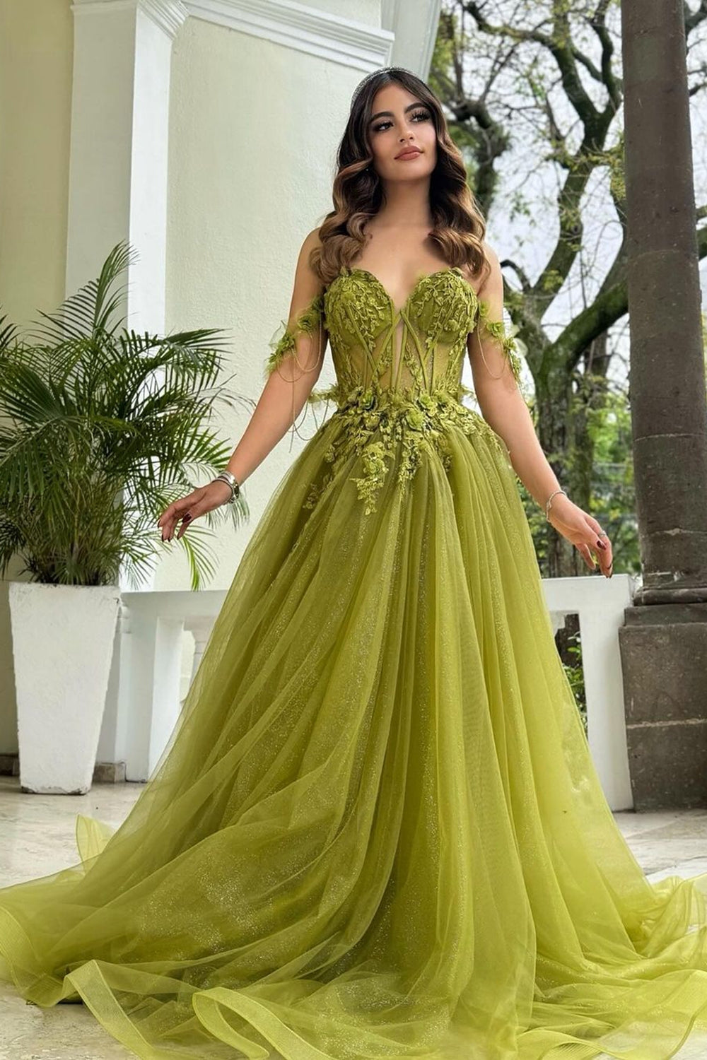 Green Tulle Appliqued Corset Off The Shoulder Prom Dress with Slit