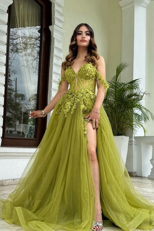 Green Tulle Appliqued Corset Off The Shoulder Prom Dress with Slit