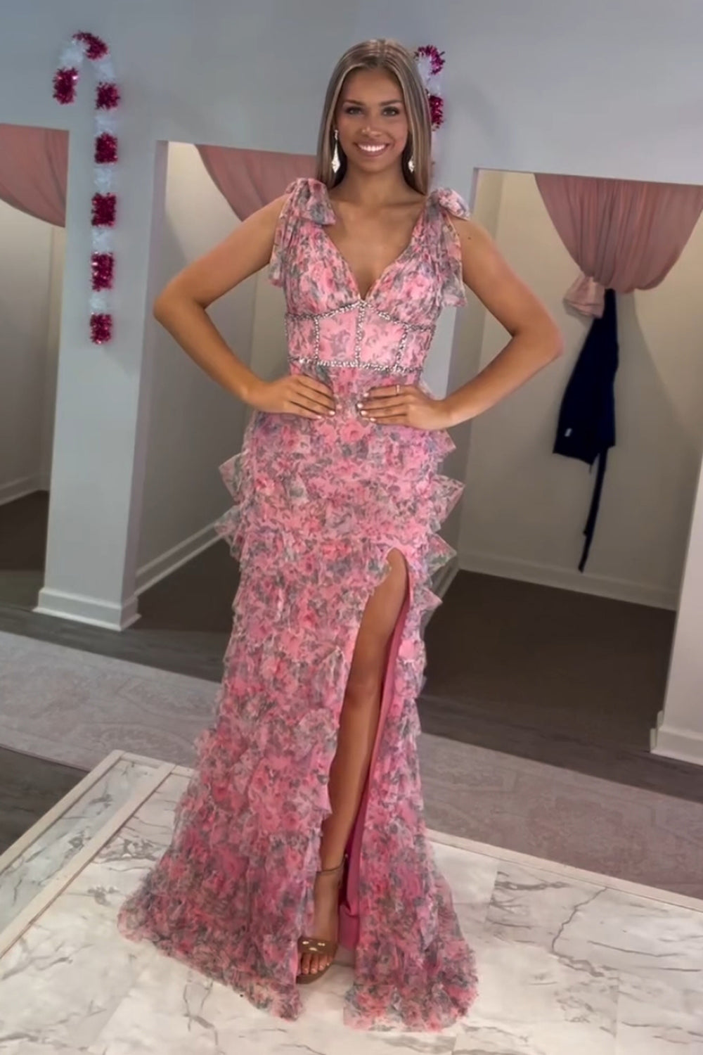 Sparkly Pink Floral V Neck Ruffles Tulle A-Line Prom Dress with Slit