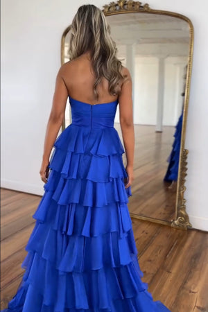 Royal Blue Sweetheart Chiffon A-Line Tiered Prom Dress with Slit