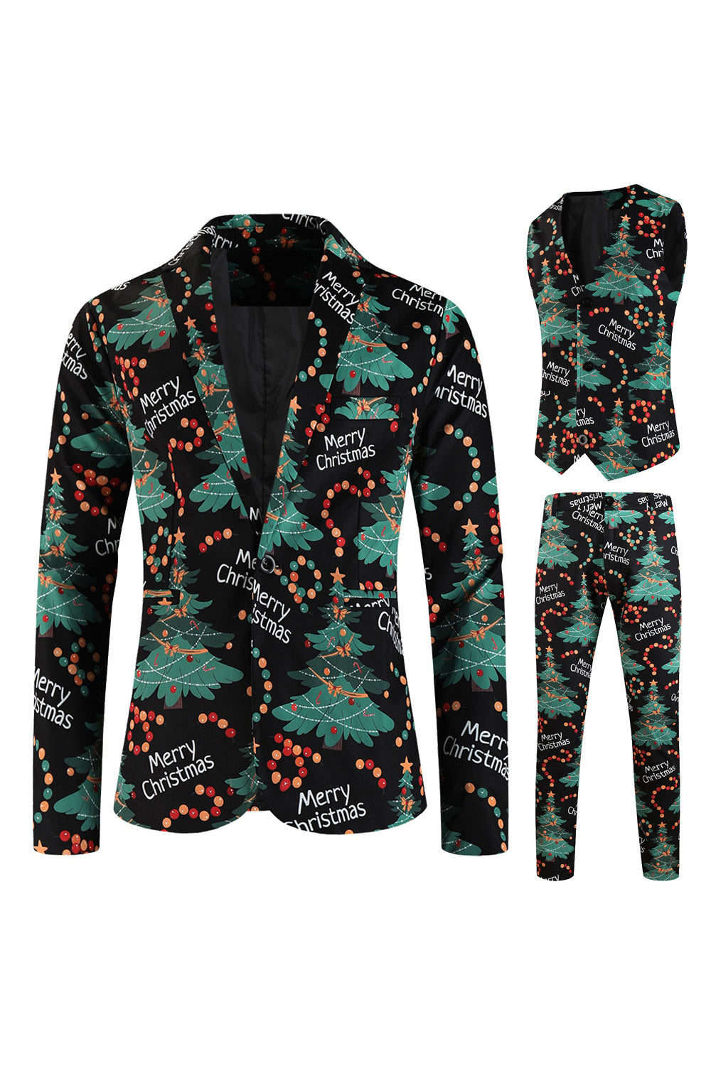 Dark Green Printed 3 Piece Christmas Men's Suits