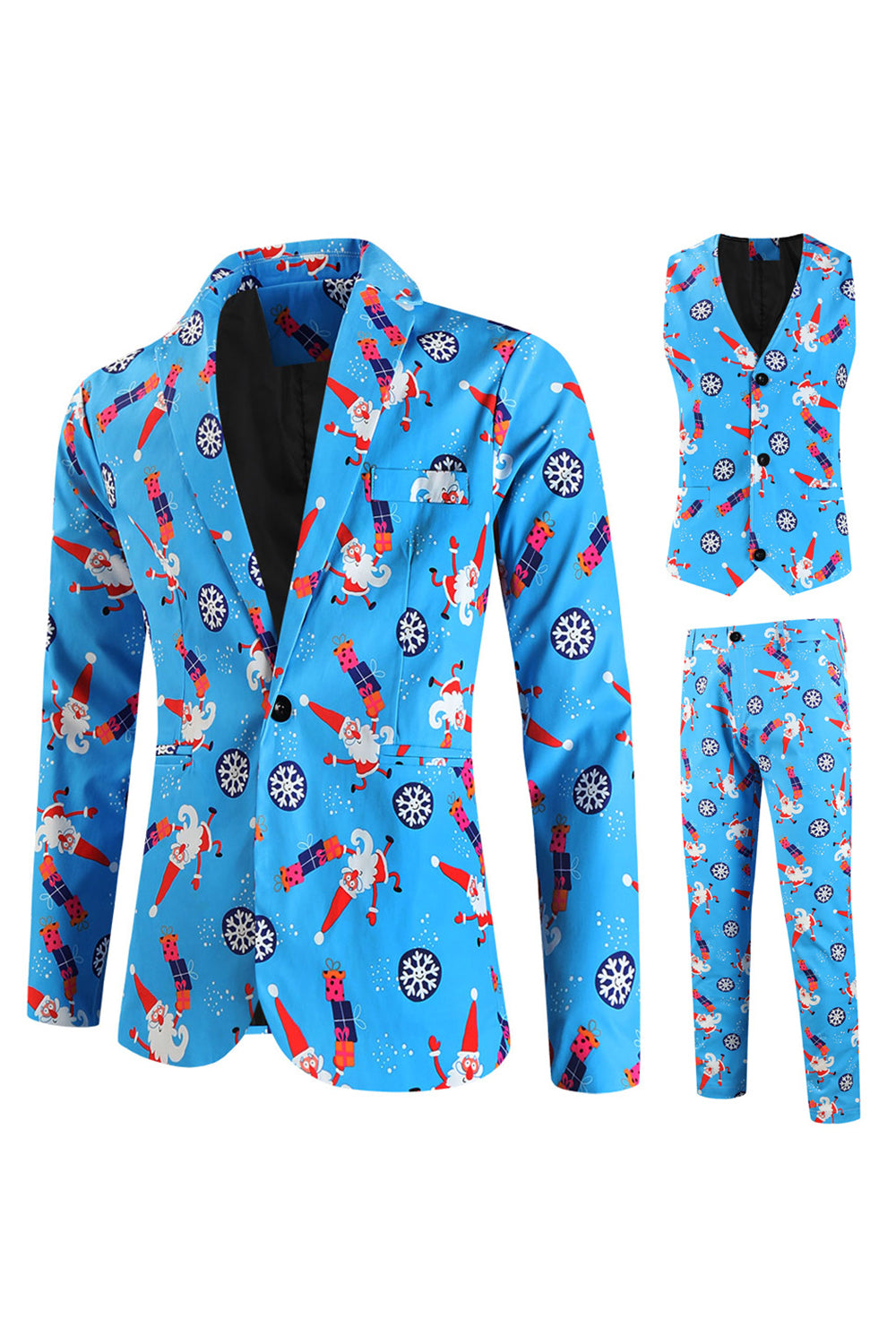 Men's Blue Christmas Printed 3-Piece One Button Party Suits