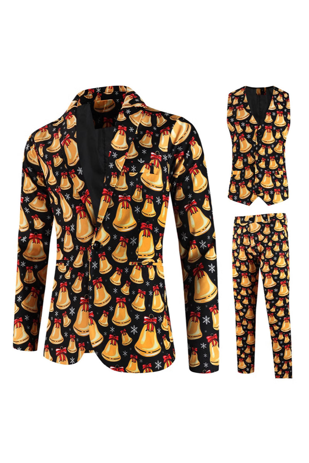 Orange Printed 3 Piece One Button Christmas Men's Suits