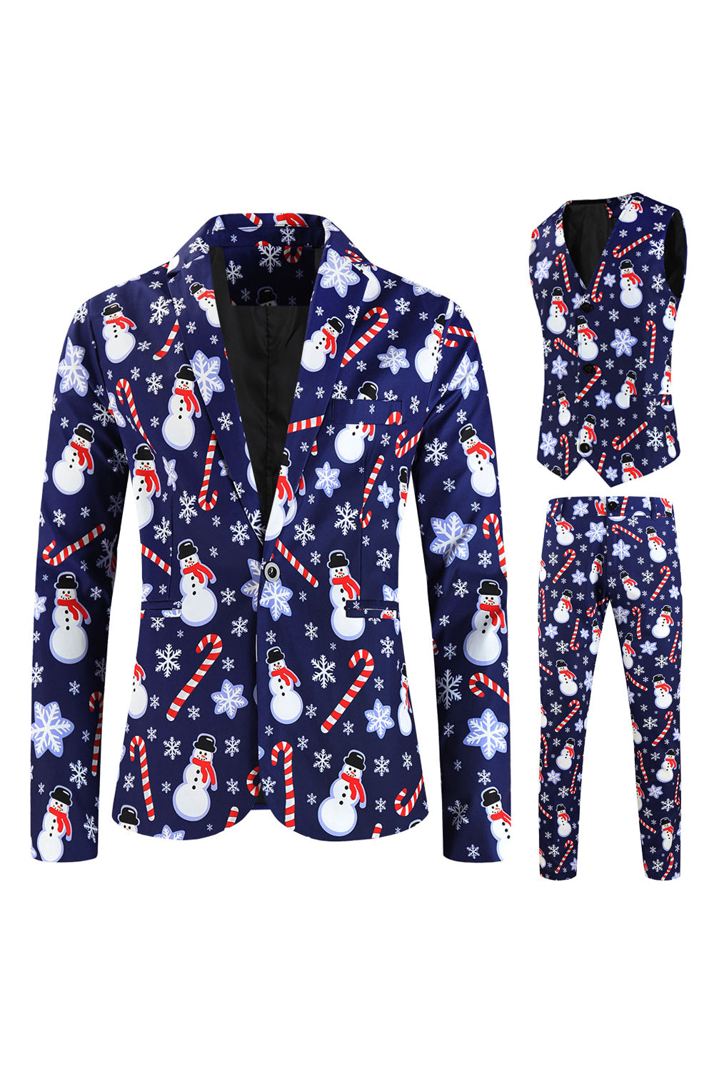 Navy Printed 3 Piece Notched Lapel Christmas Men's Suits