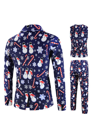 Navy Printed 3 Piece Notched Lapel Christmas Men's Suits