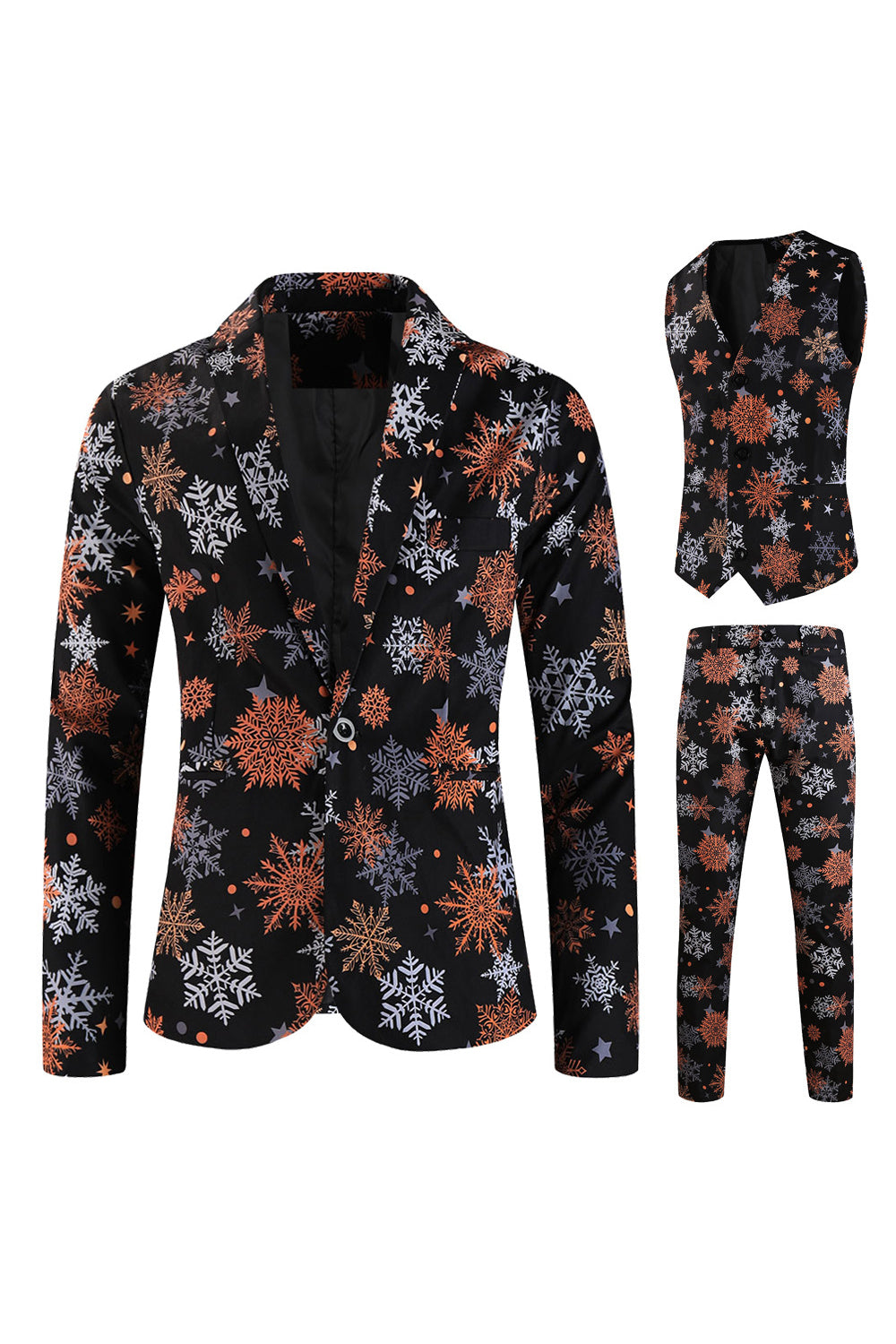 SnowFlake Printed 3 Piece Black Christmas Men's Suits