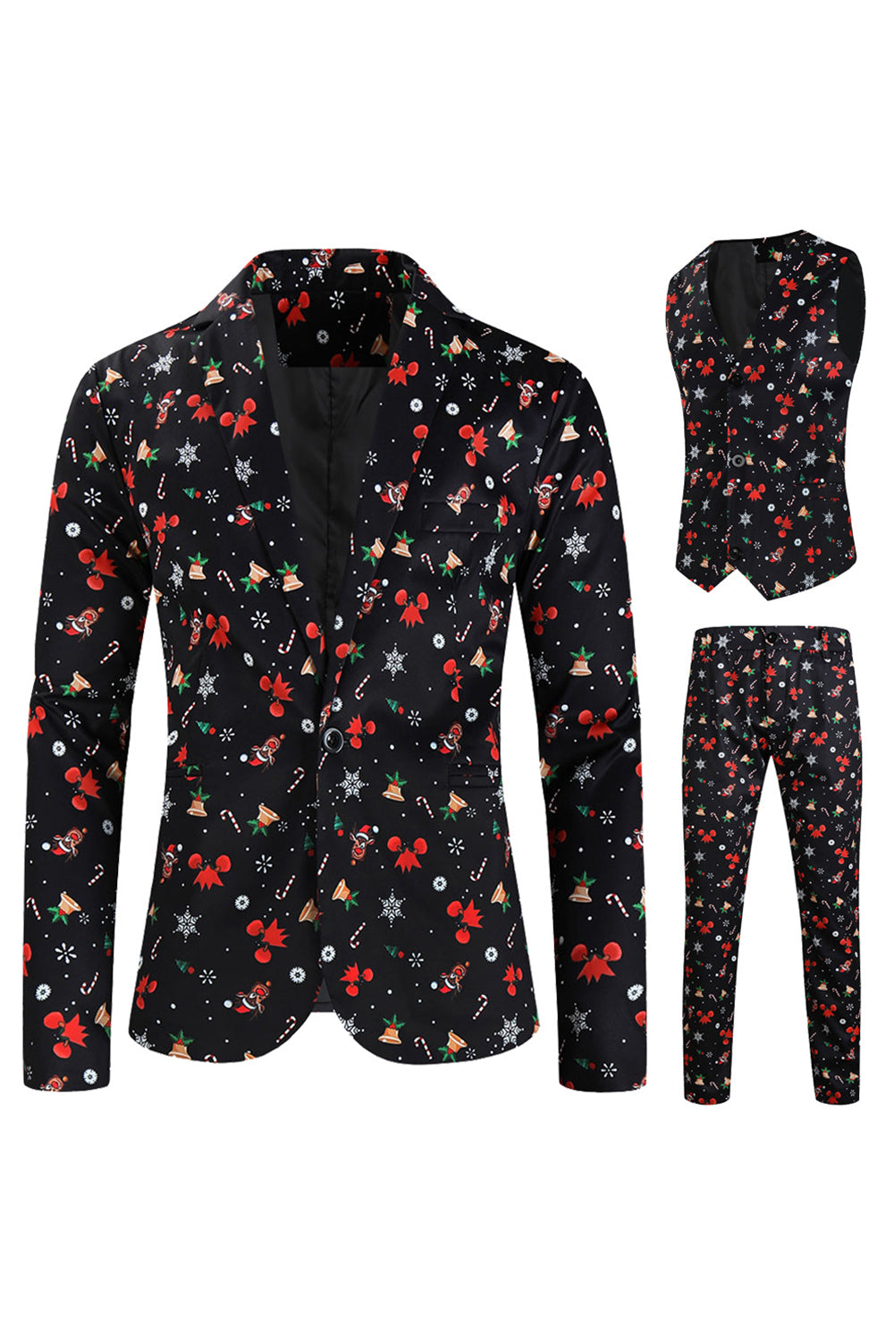 3-Piece Men's Christmas Printed Black Party Suits