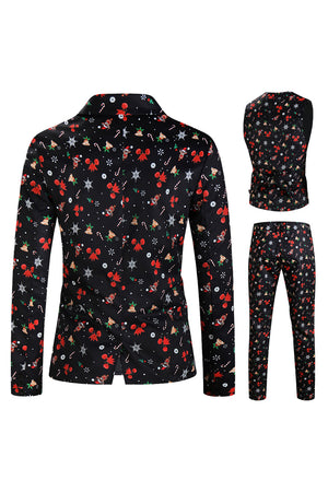 3-Piece Men's Christmas Printed Black Party Suits