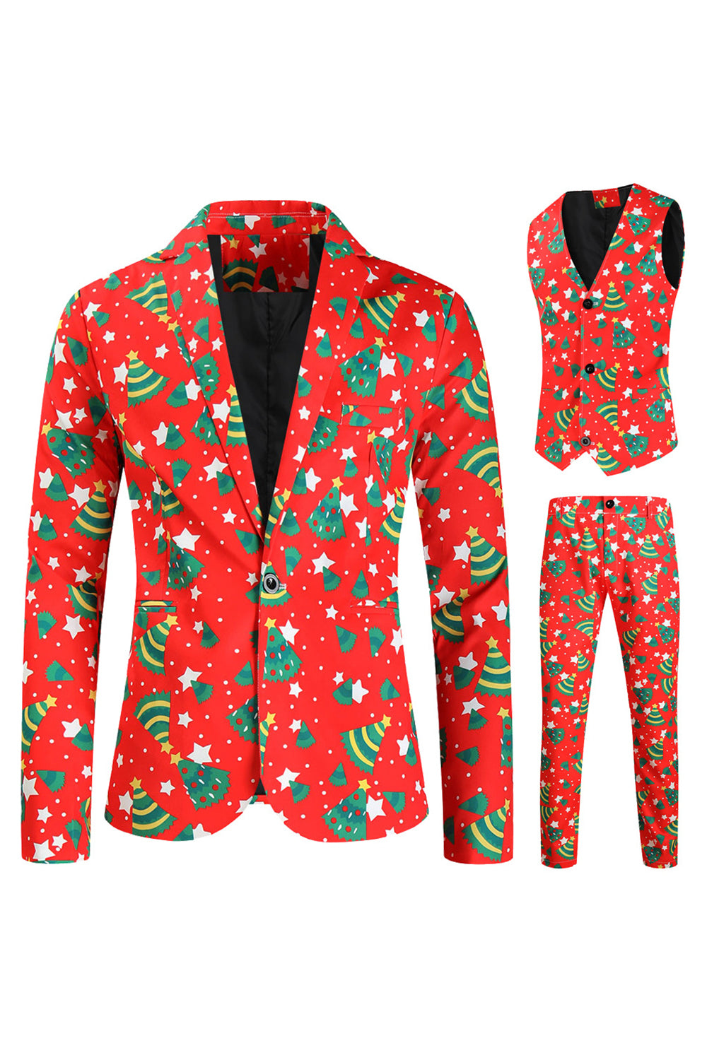 Red Notched Lapel 3-Piece Christmas Printed Men's Suits