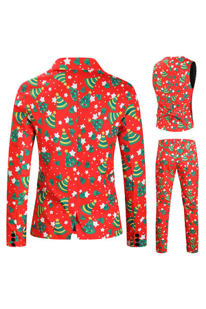 Red Notched Lapel 3-Piece Christmas Printed Men's Suits