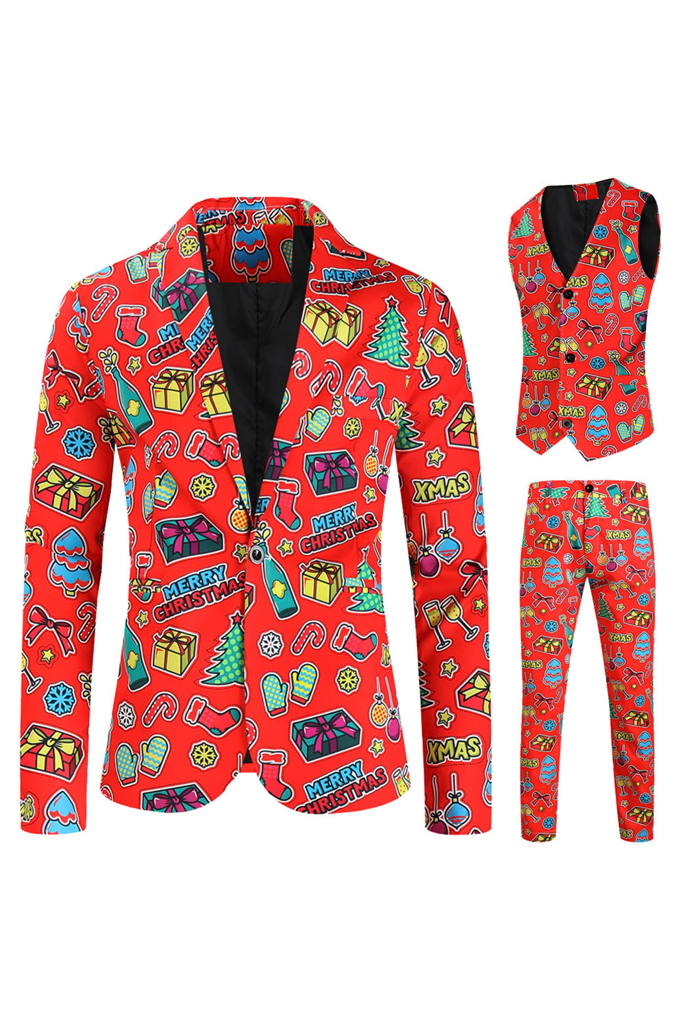 Red Christmas Gift Printed 3-Piece Men's Party Suits