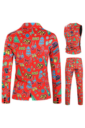 Red Christmas Gift Printed 3-Piece Men's Party Suits