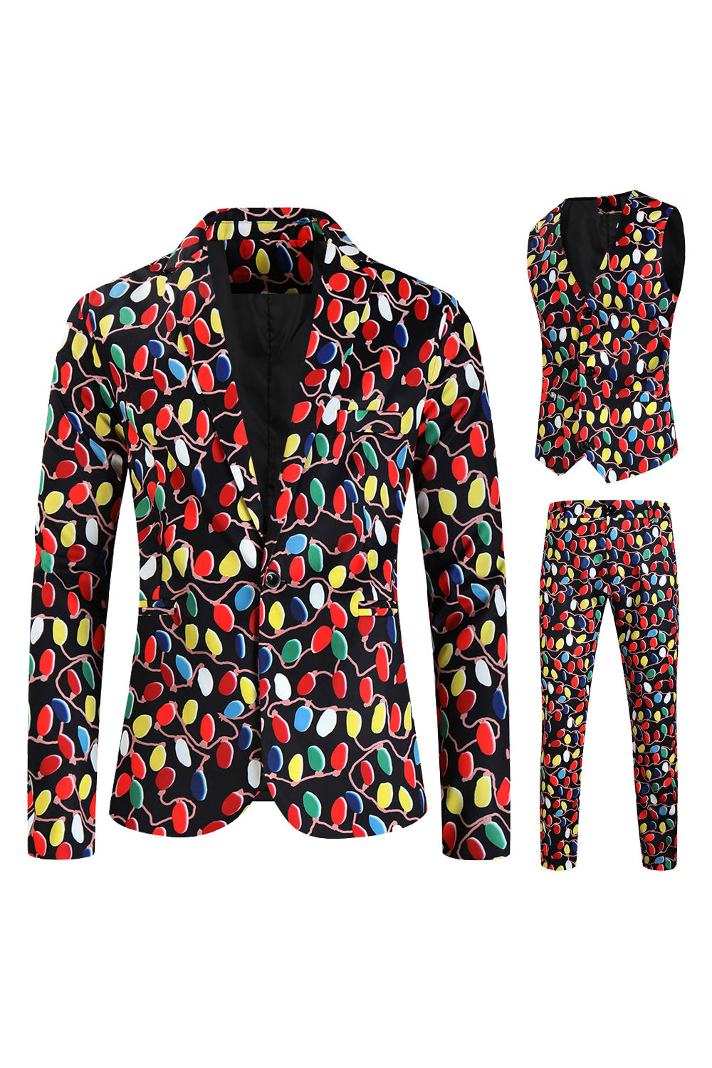 Men's Colorful Christmas Printed Black 3-Piece Party Suits